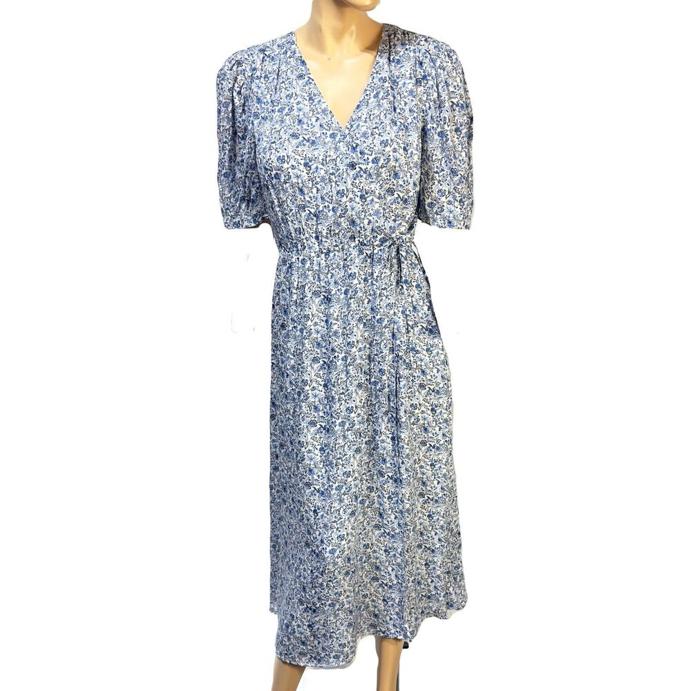 LOFT Faux Wrap Midi Dress Blue White Floral Print Half Sleeve Size 8 NWT
